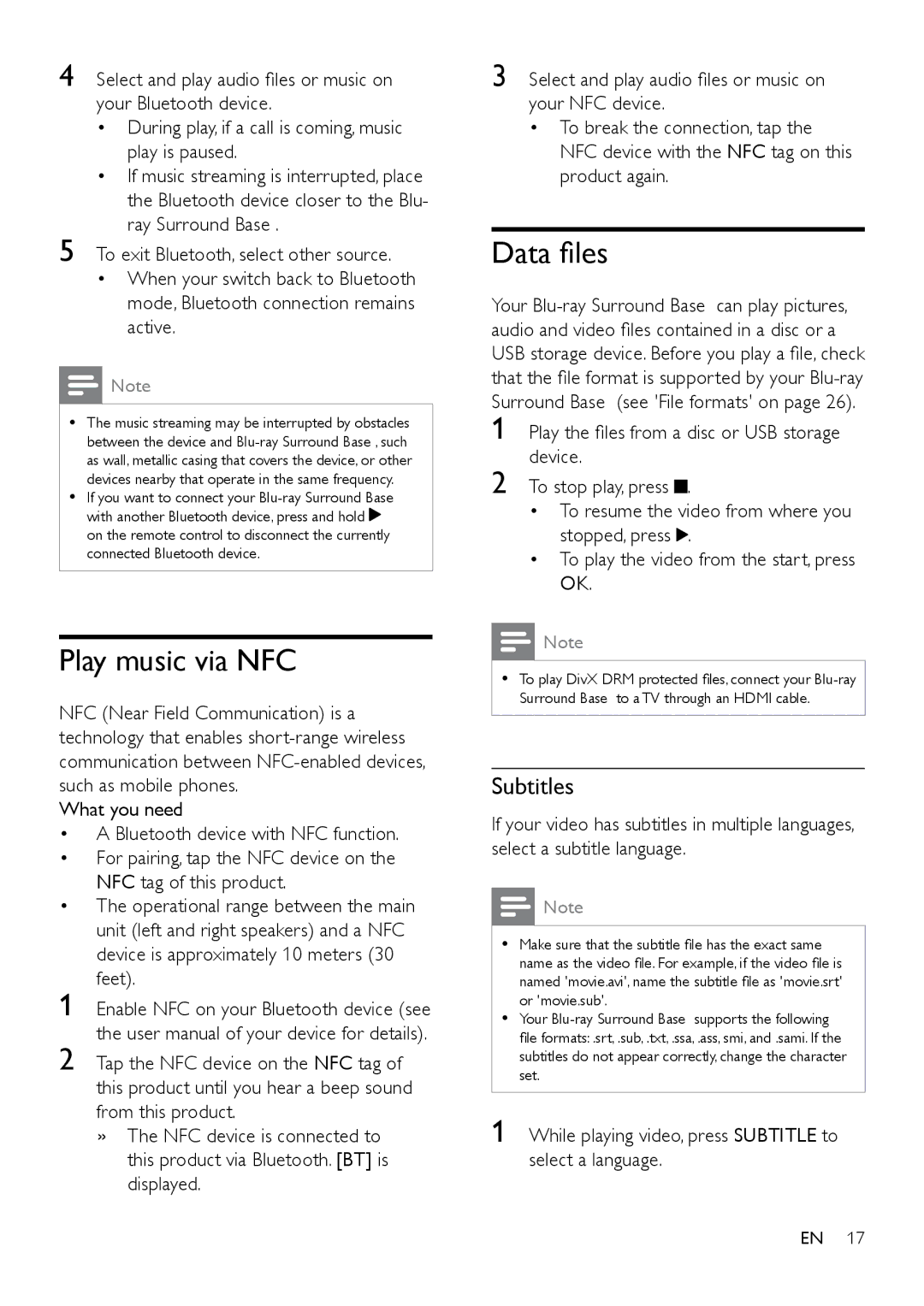 Philips HTB3525B user manual Play music via NFC, Data files, Subtitles 