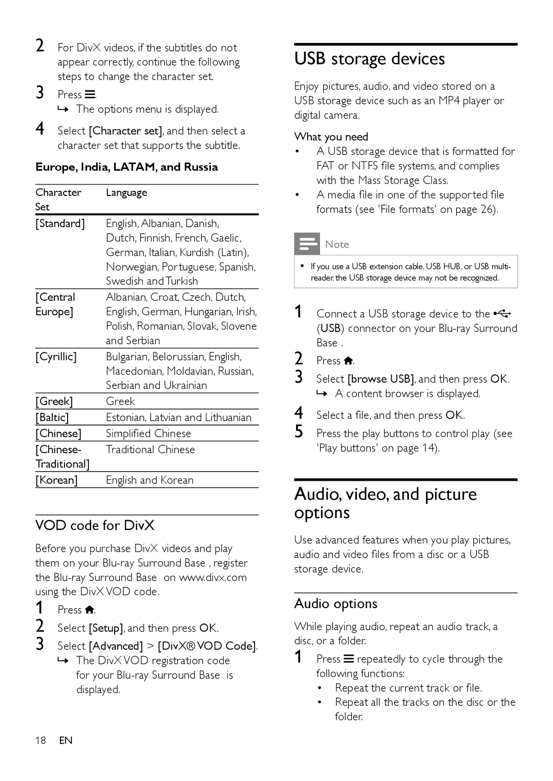 Philips HTB3525B user manual USB storage devices, Audio, video, and picture options, VOD code for DivX, Audio options 