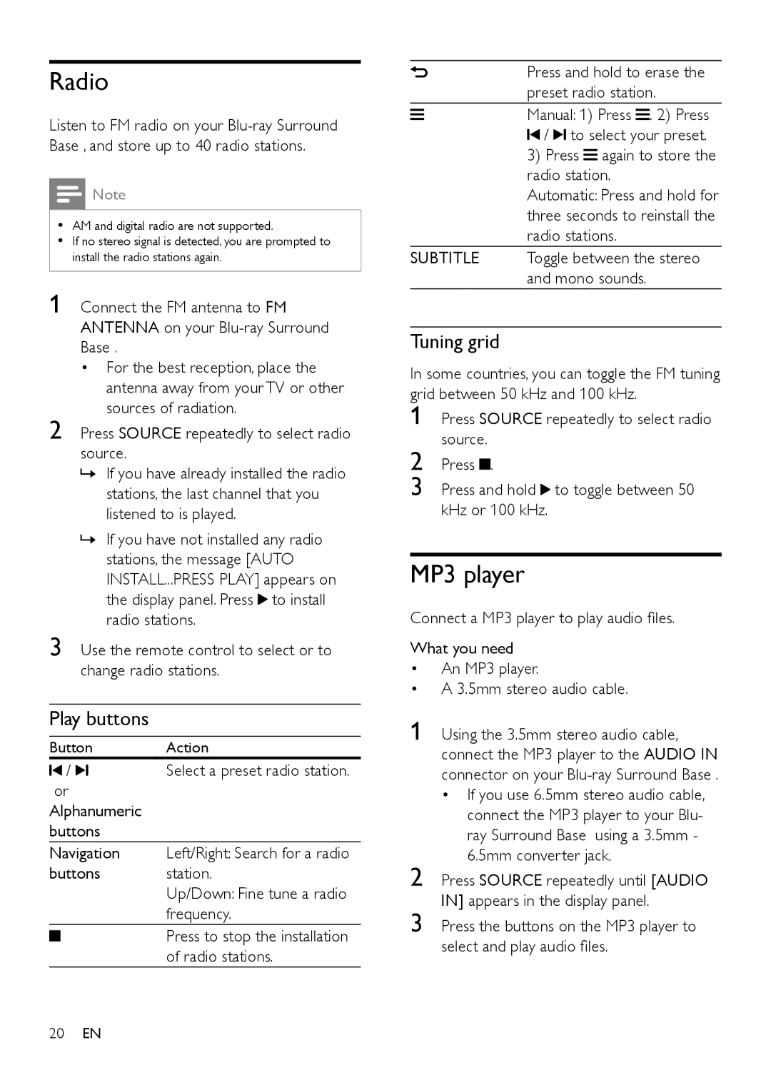 Philips HTB3525B user manual Radio, MP3 player, Tuning grid 