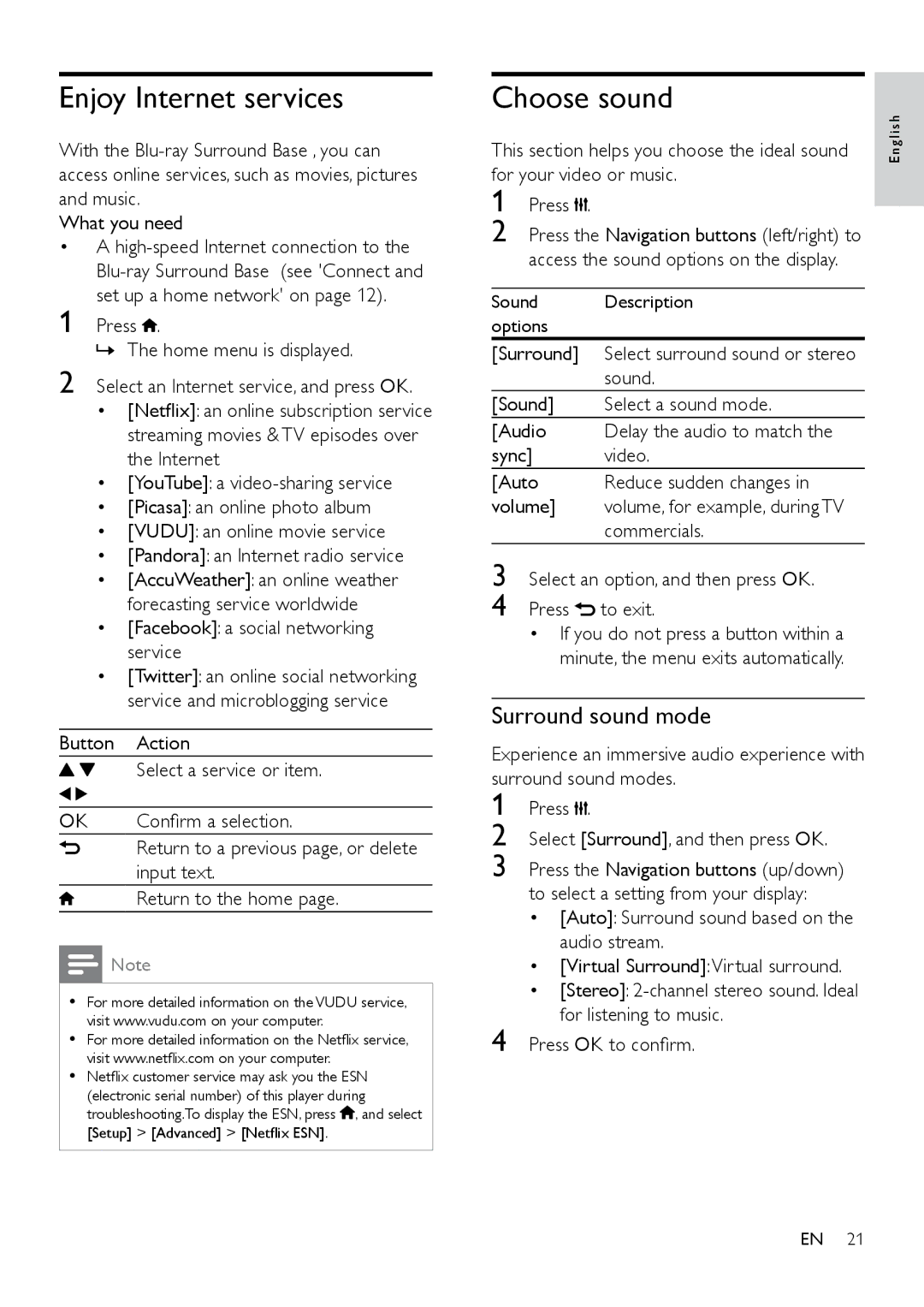 Philips HTB3525B user manual Enjoy Internet services, Choose sound, Surround sound mode 