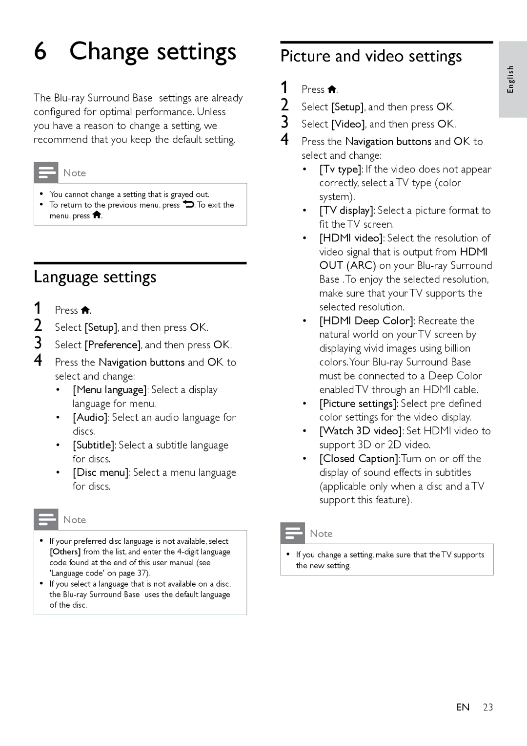 Philips HTB3525B user manual Change settings, Language settings, Picture and video settings 