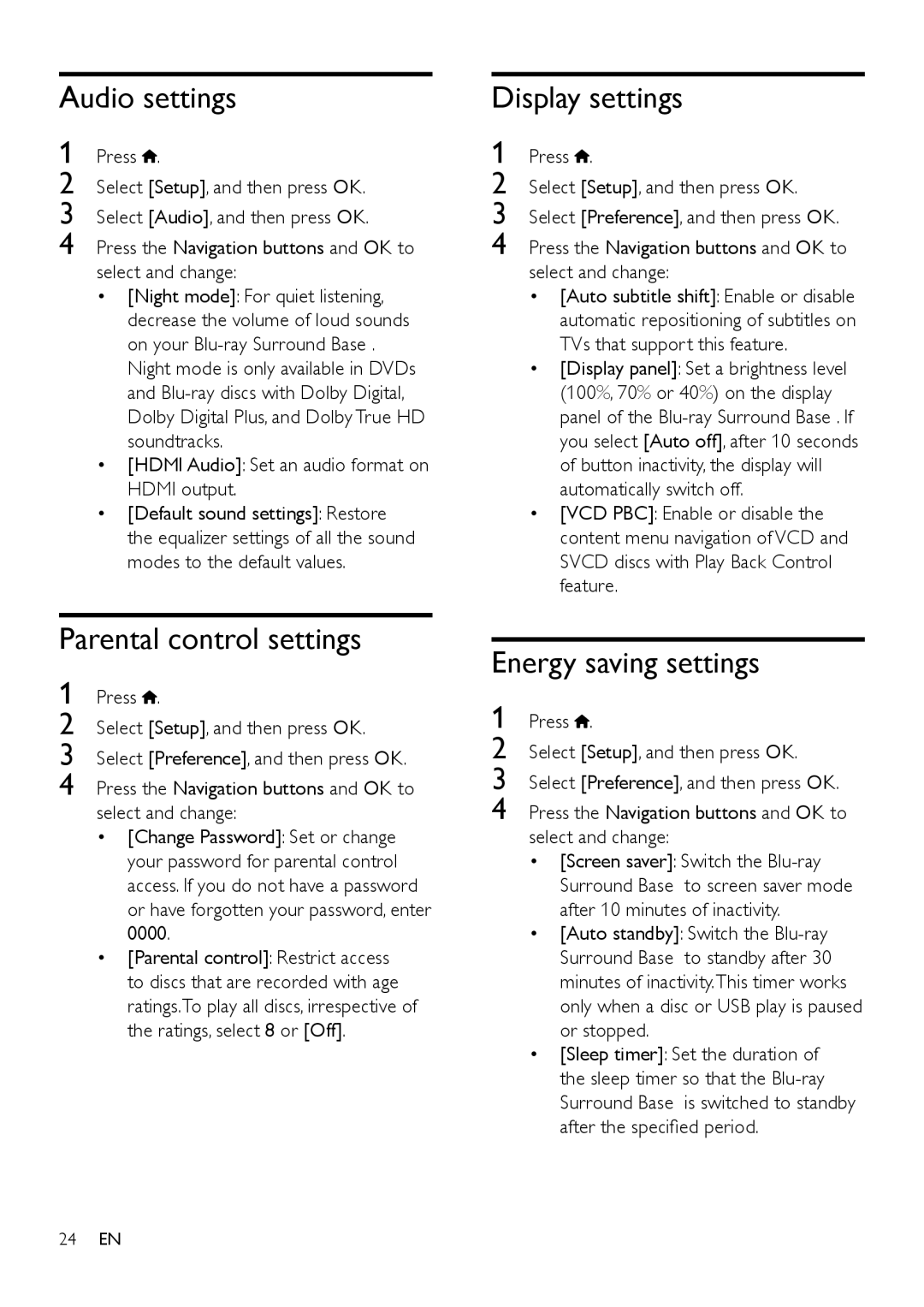 Philips HTB3525B user manual Audio settings, Parental control settings, Display settings, Energy saving settings 