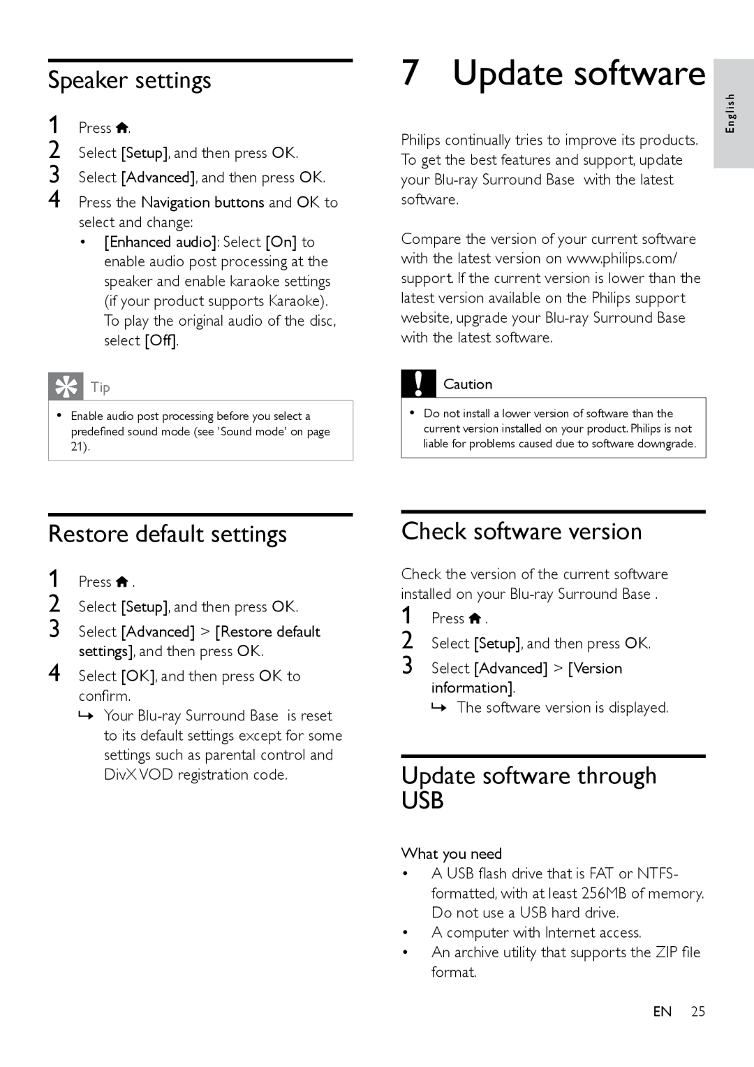 Philips HTB3525B user manual Update software, Speaker settings, Restore default settings, Check software version 