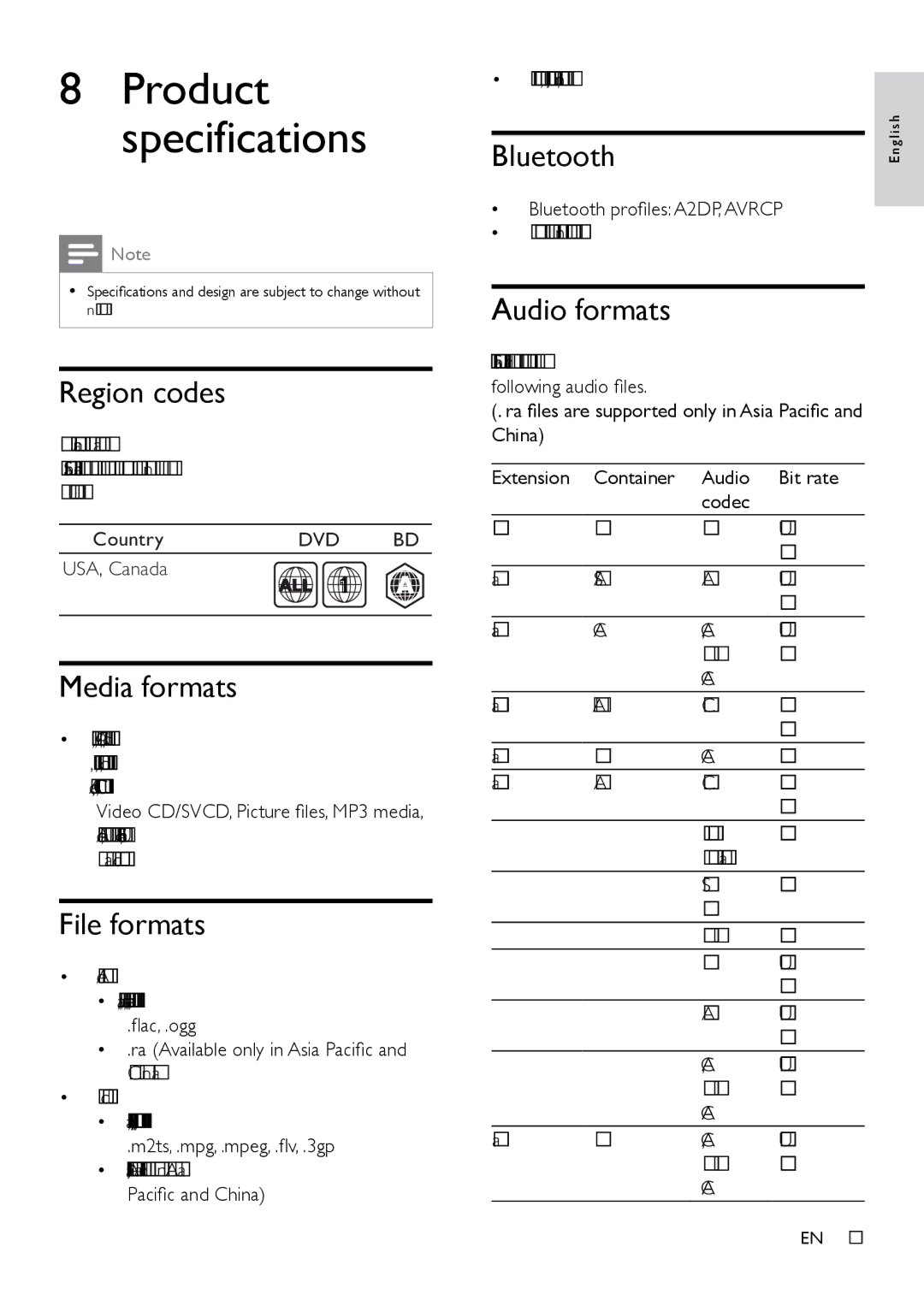 Philips HTB3525B user manual Region codes, Media formats, File formats, Bluetooth, Audio formats 