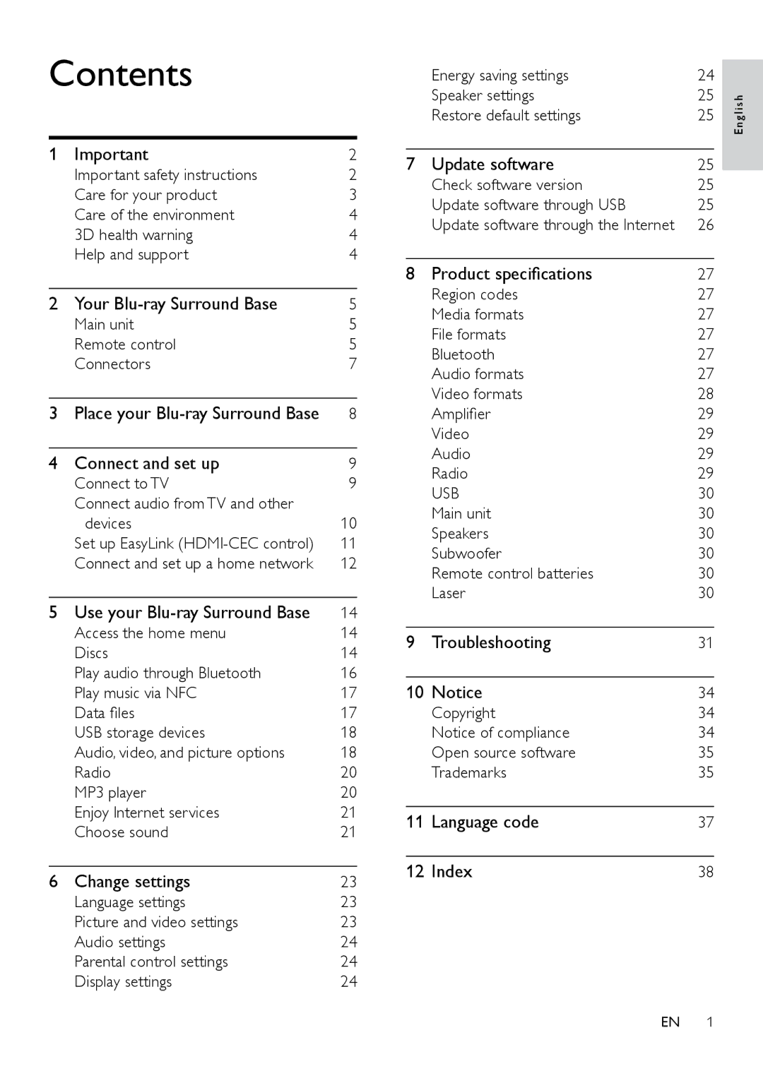 Philips HTB3525B user manual Contents 