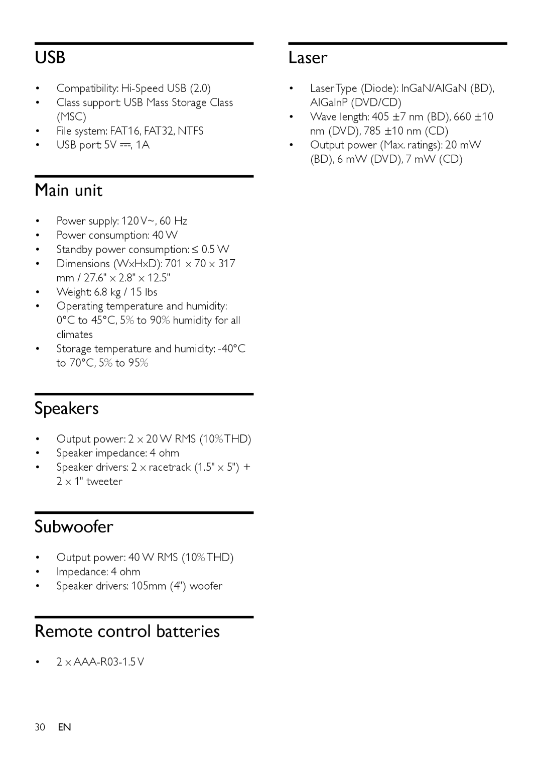 Philips HTB3525B user manual Speakers, Subwoofer, Remote control batteries, Laser, AAA-R03-1.5 