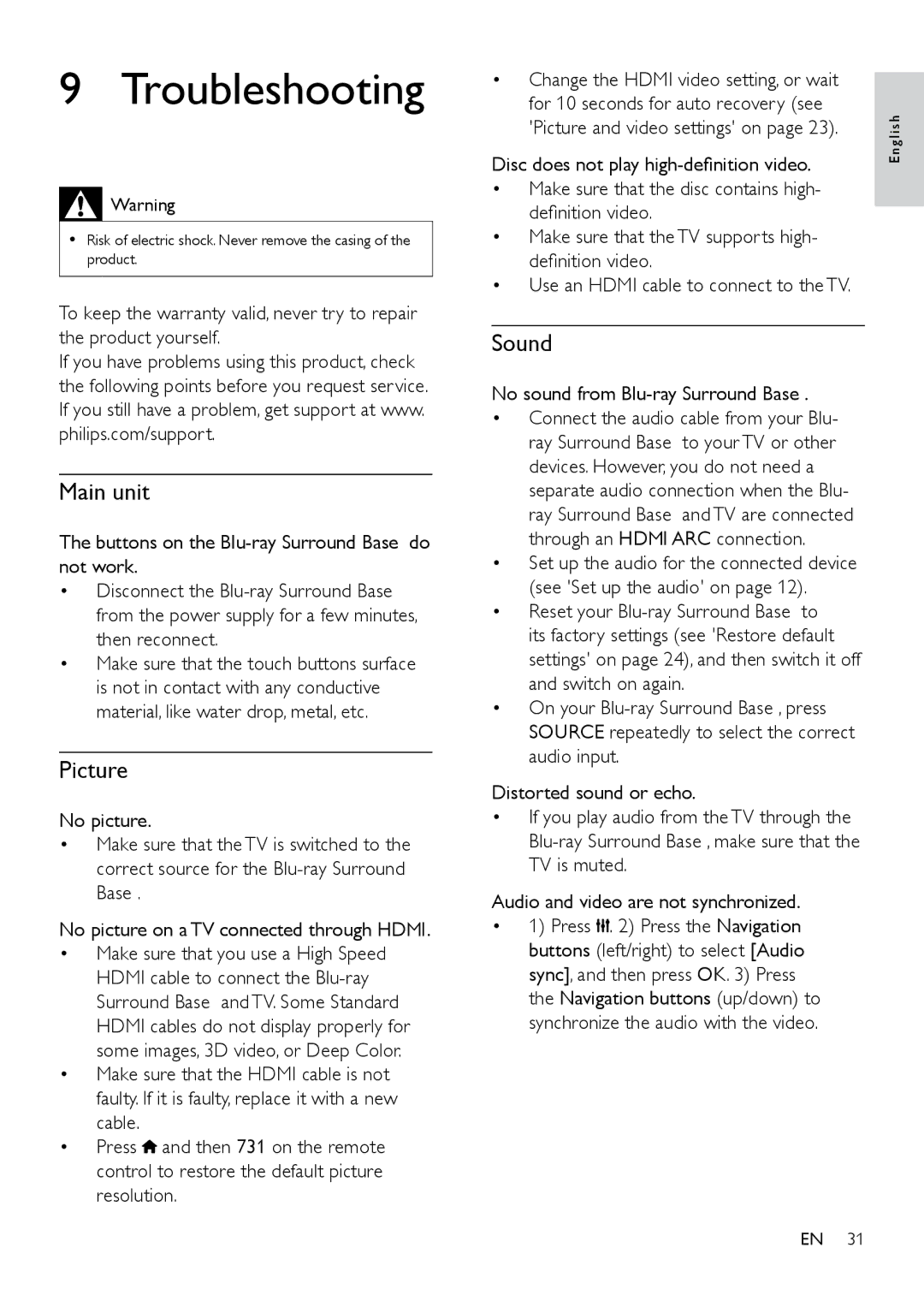 Philips HTB3525B user manual Troubleshooting, Main unit, Picture, Sound, No sound from Blu-ray Surround Base 