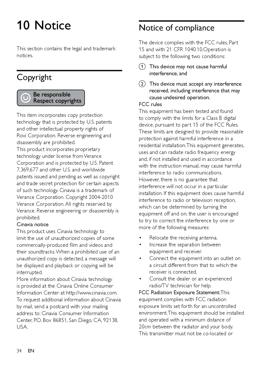 Philips HTB3525B user manual Copyright, This section contains the legal and trademark notices, Cinavia notice 