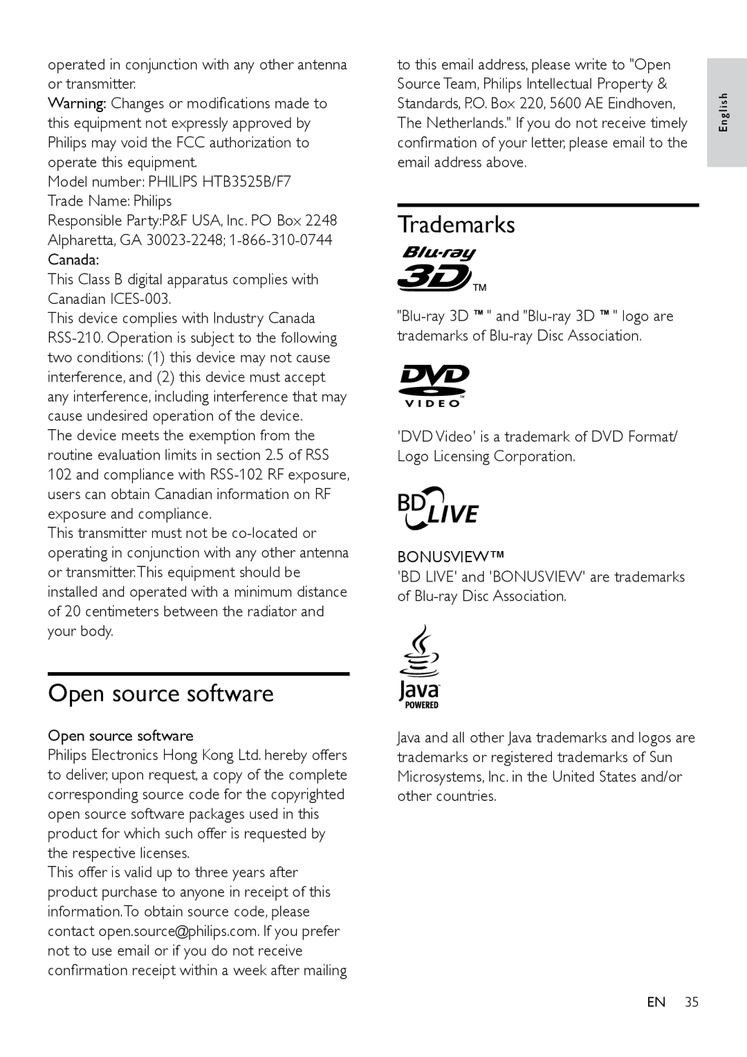 Philips HTB3525B user manual Trademarks, Open source software, Bonusview 