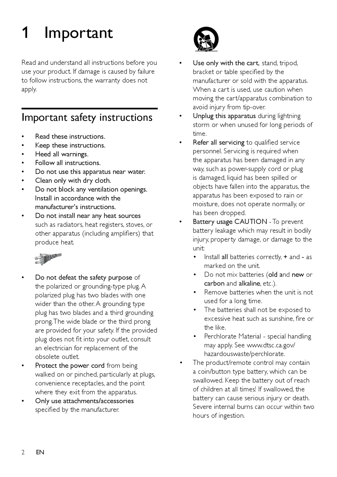 Philips HTB3525B user manual Important safety instructions 