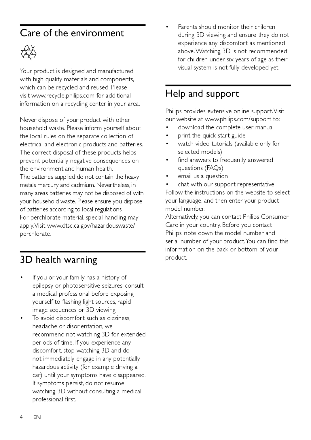 Philips HTB3525B user manual Care of the environment, 3D health warning, Help and support 