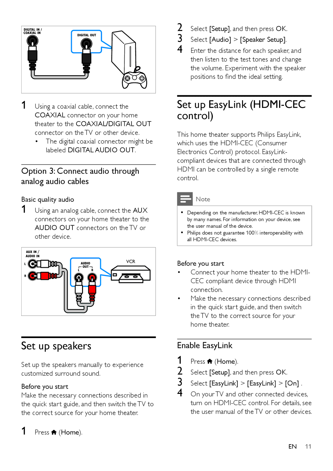 Philips HTB3540 Set up EasyLink HDMI-CEC control, Set up speakers, Option 3 Connect audio through analog audio cables 