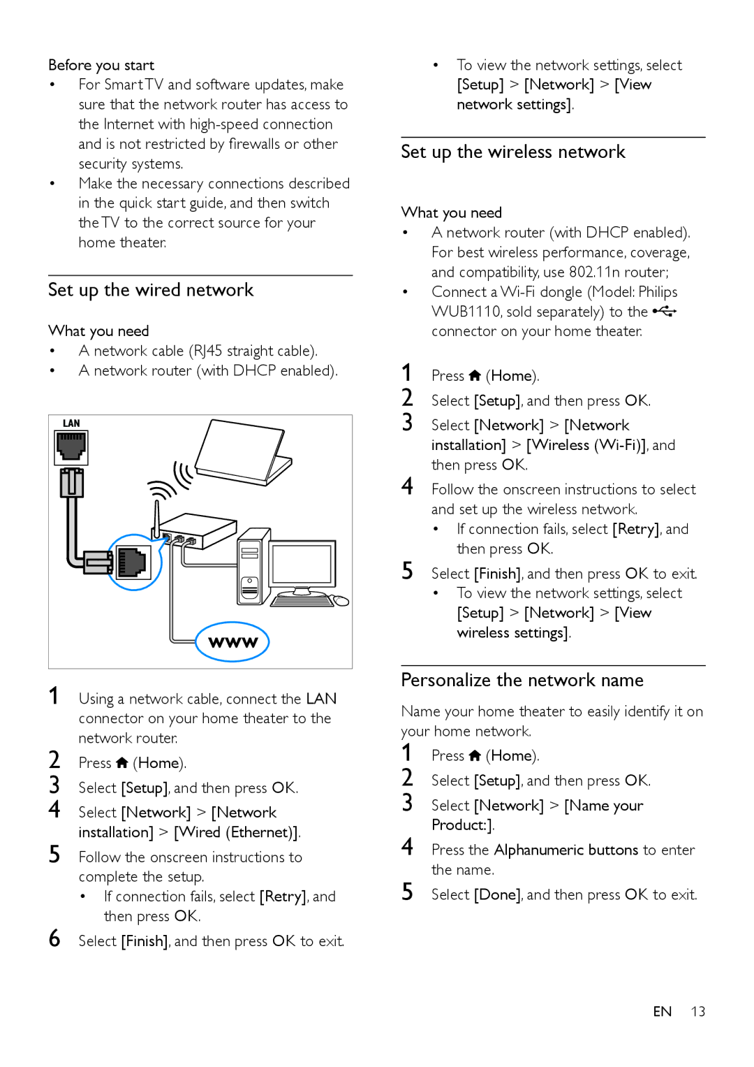 Philips HTB3510 Set up the wired network, Set up the wireless network, Personalize the network name, What you need 