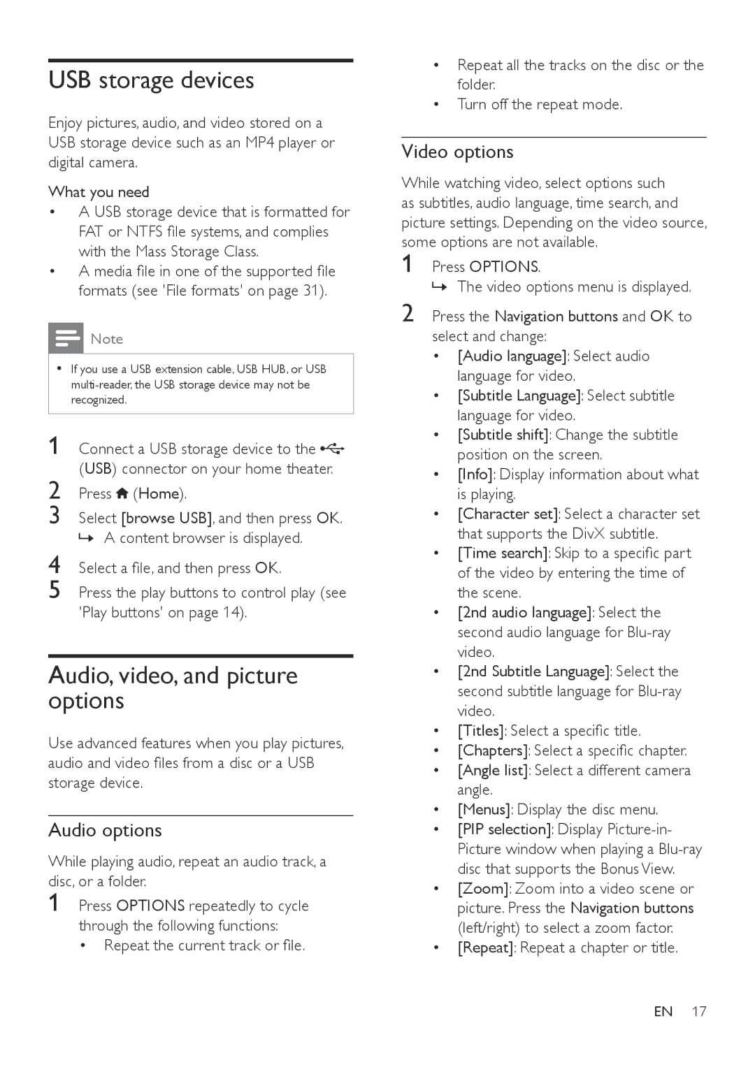 Philips HTB3540, HTB3570, HTB3510 USB storage devices, Audio, video, and picture options, Audio options, Video options 