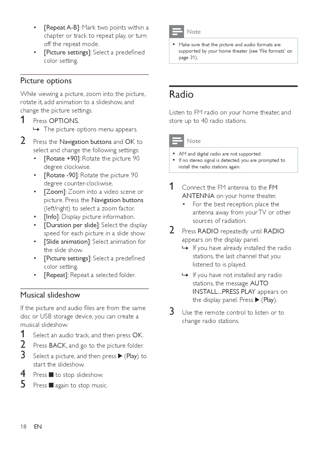 Philips HTB3570, HTB3540, HTB3510 user manual Radio, Picture options, Musical slideshow 