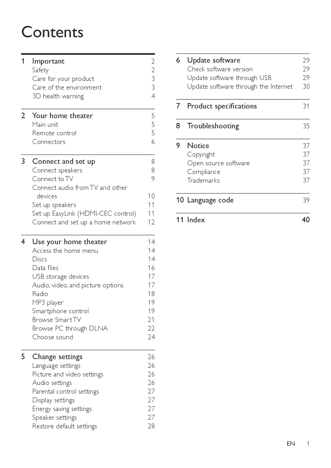 Philips HTB3510, HTB3540, HTB3570 user manual Contents 