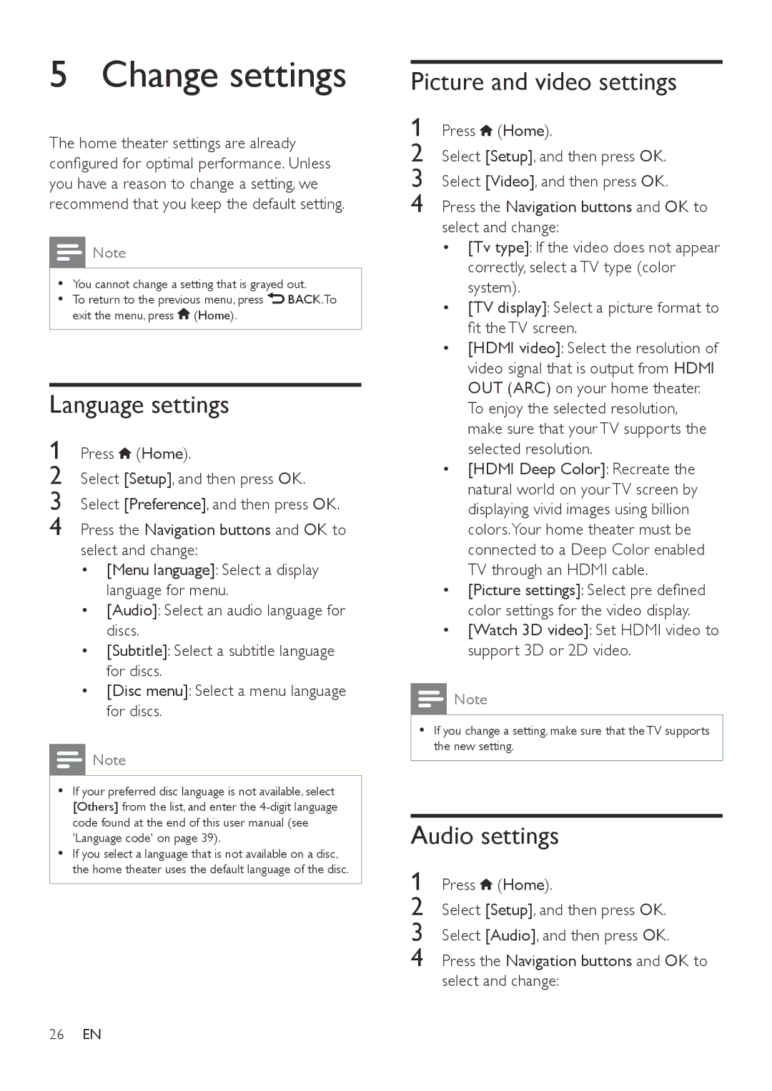 Philips HTB3540, HTB3570, HTB3510 user manual Change settings, Language settings, Picture and video settings, Audio settings 