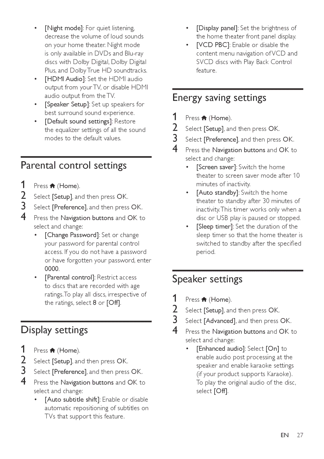 Philips HTB3570, HTB3540, HTB3510 Parental control settings, Display settings, Energy saving settings, Speaker settings 