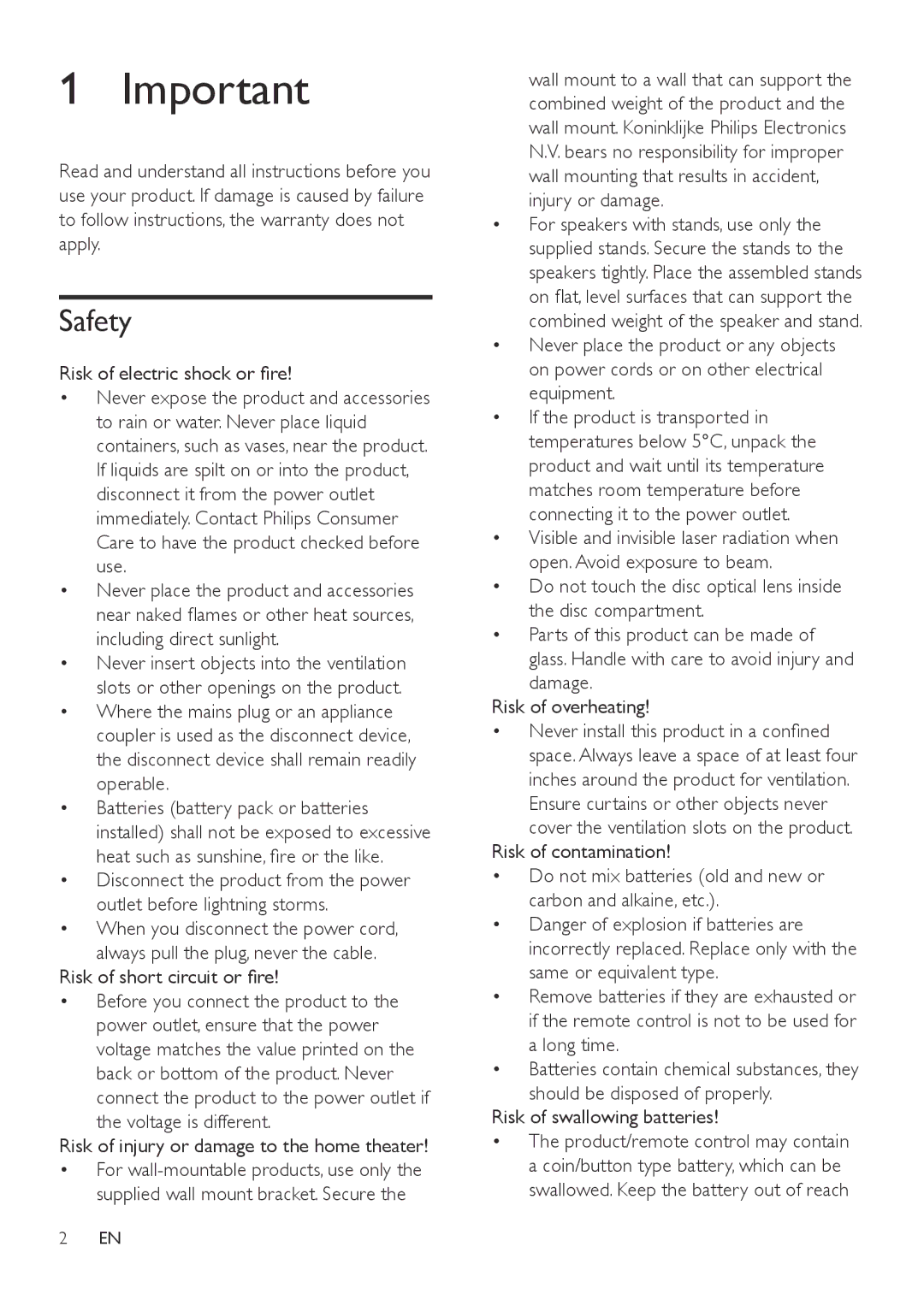 Philips HTB3540, HTB3570, HTB3510 user manual Safety, Risk of electric shock or fire, Risk of swallowing batteries 