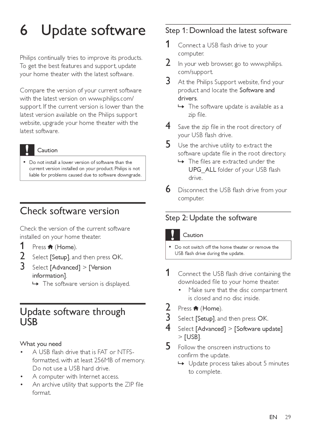 Philips HTB3540 Check software version, Update software through, Download the latest software, Update the software 