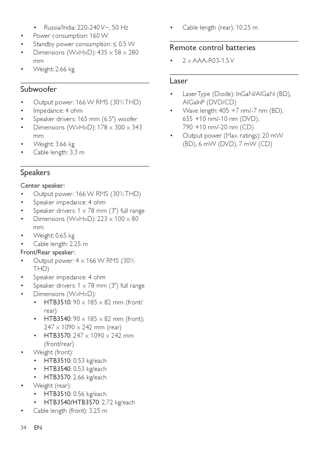 Philips HTB3510, HTB3540, HTB3570 user manual Subwoofer, Speakers, Remote control batteries, Laser, AAA-R03-1.5 