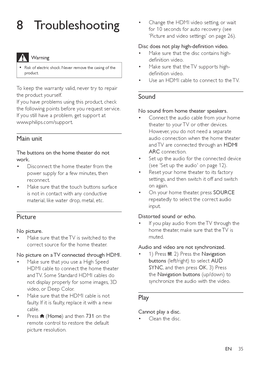 Philips HTB3540, HTB3570, HTB3510 user manual Troubleshooting, Picture, Sound, Play 