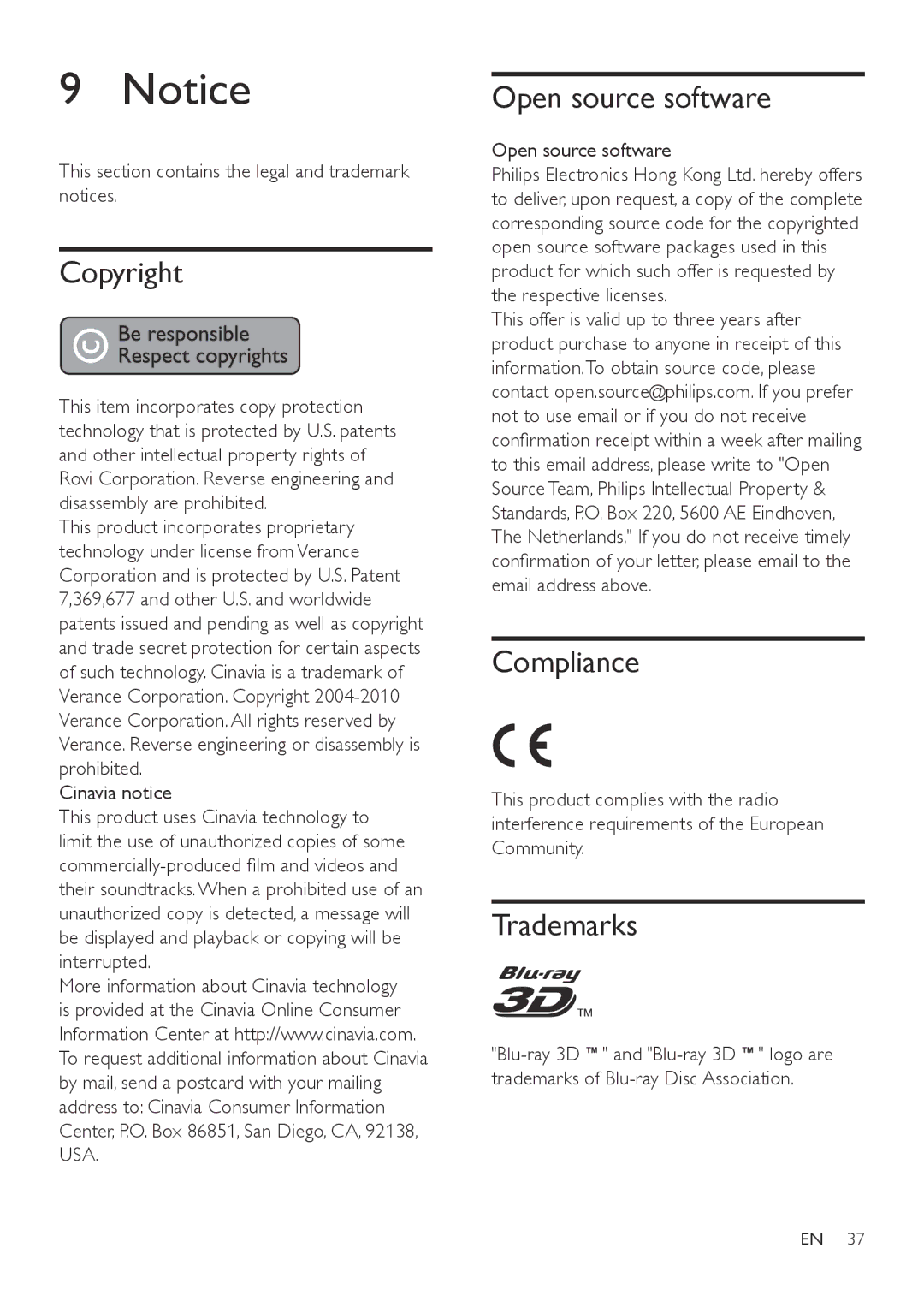 Philips HTB3510, HTB3540, HTB3570 user manual Copyright, Open source software, Compliance, Trademarks 