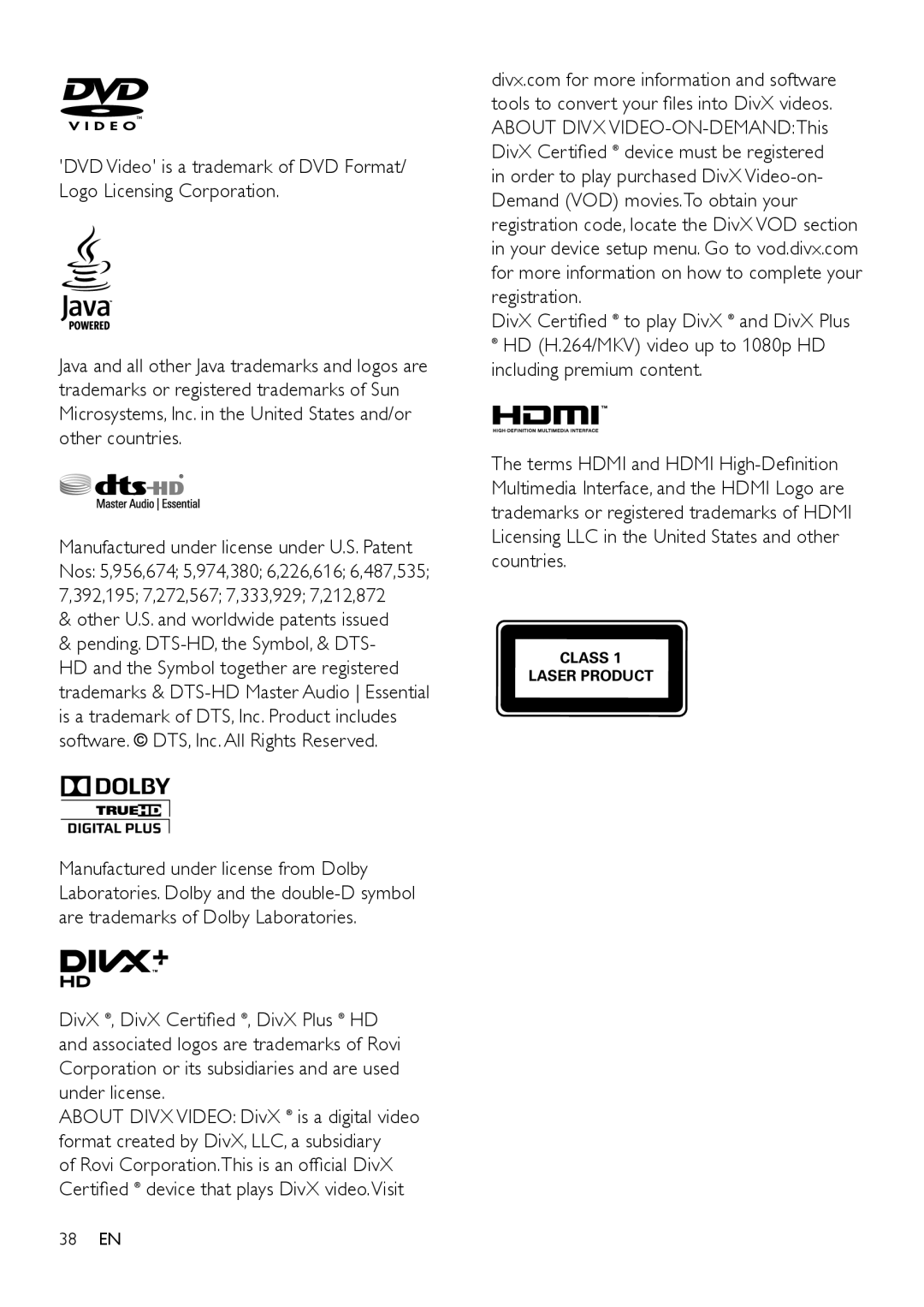 Philips HTB3540, HTB3570, HTB3510 user manual Other U.S. and worldwide patents issued, Including premium content 