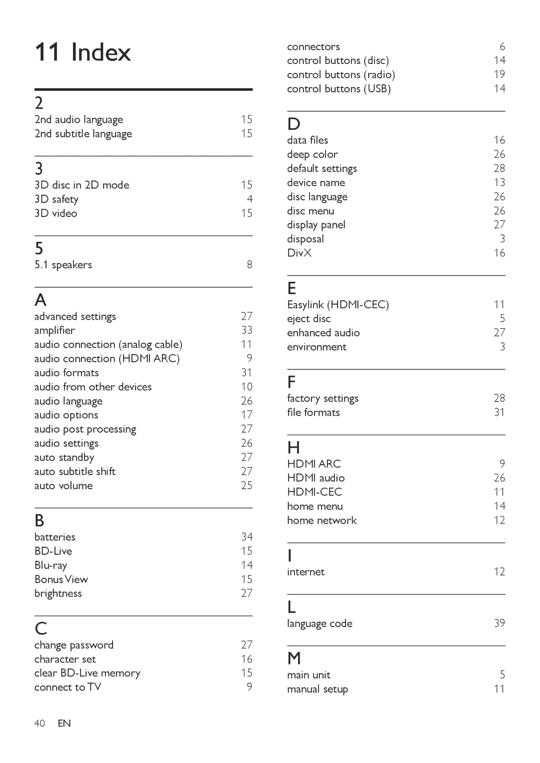 Philips HTB3510, HTB3540, HTB3570 user manual Index, Hdmi ARC, Hdmi audio, Hdmi-Cec 