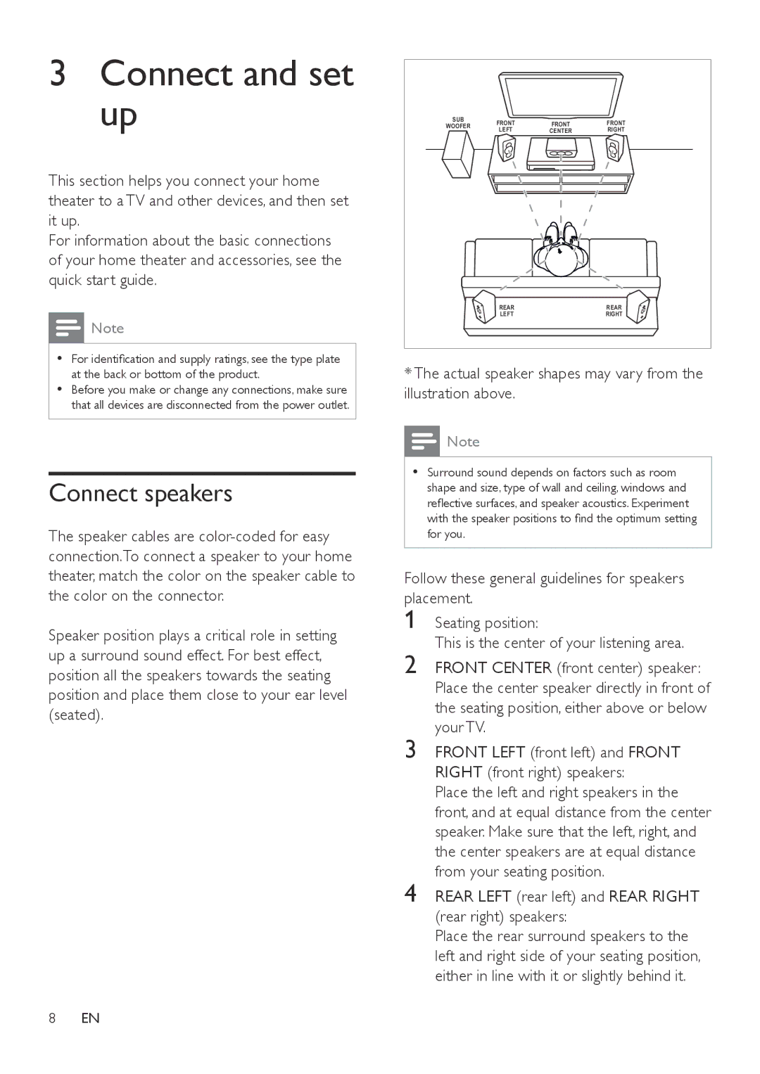 Philips HTB3540, HTB3570 Connect and set up, Connect speakers, Actual speaker shapes may vary from the illustration above 