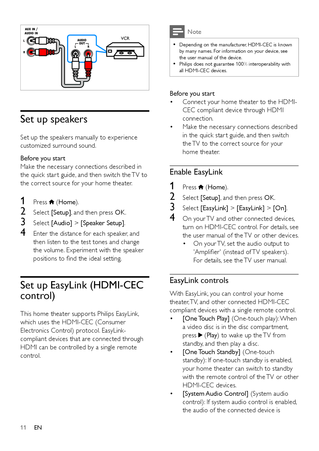 Philips HTB3560 Set up speakers, Set up EasyLink HDMI-CEC control, Enable EasyLink, EasyLink controls, Before you start 