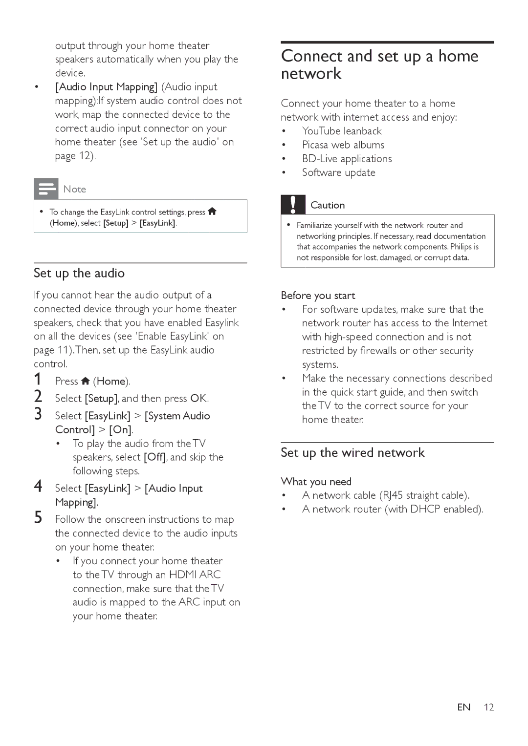 Philips HTB3560 user manual Connect and set up a home network, Set up the audio, Set up the wired network 