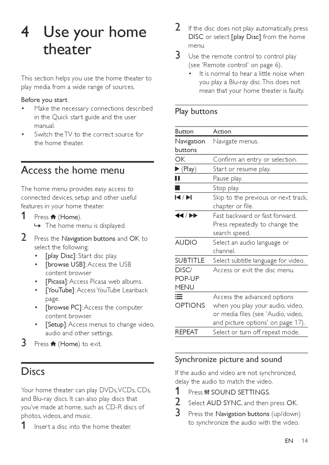 Philips HTB3560 user manual Use your home theater, Access the home menu, Discs, Play buttons, Synchronize picture and sound 