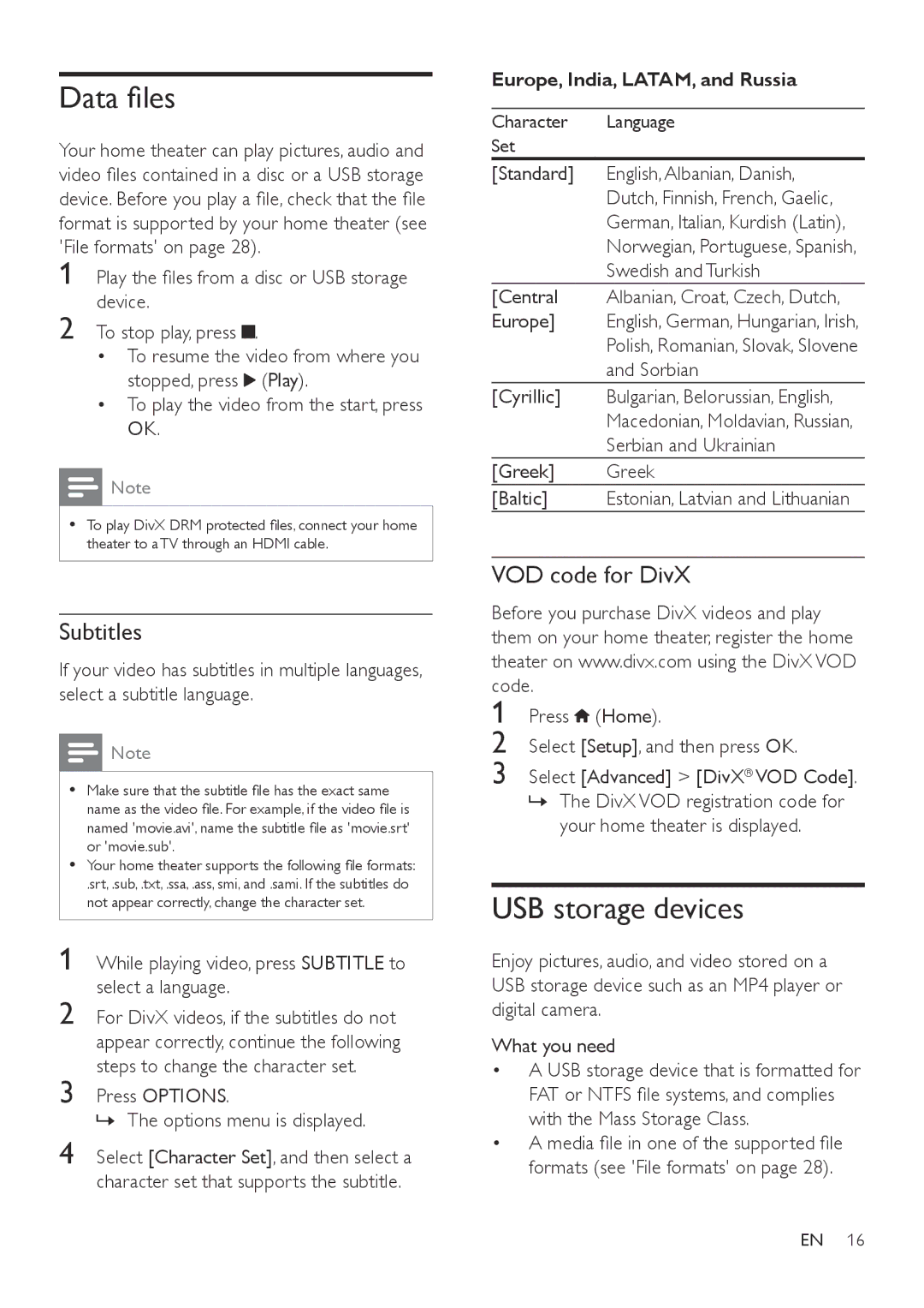 Philips HTB3560 user manual Data files, USB storage devices, Subtitles, VOD code for DivX 