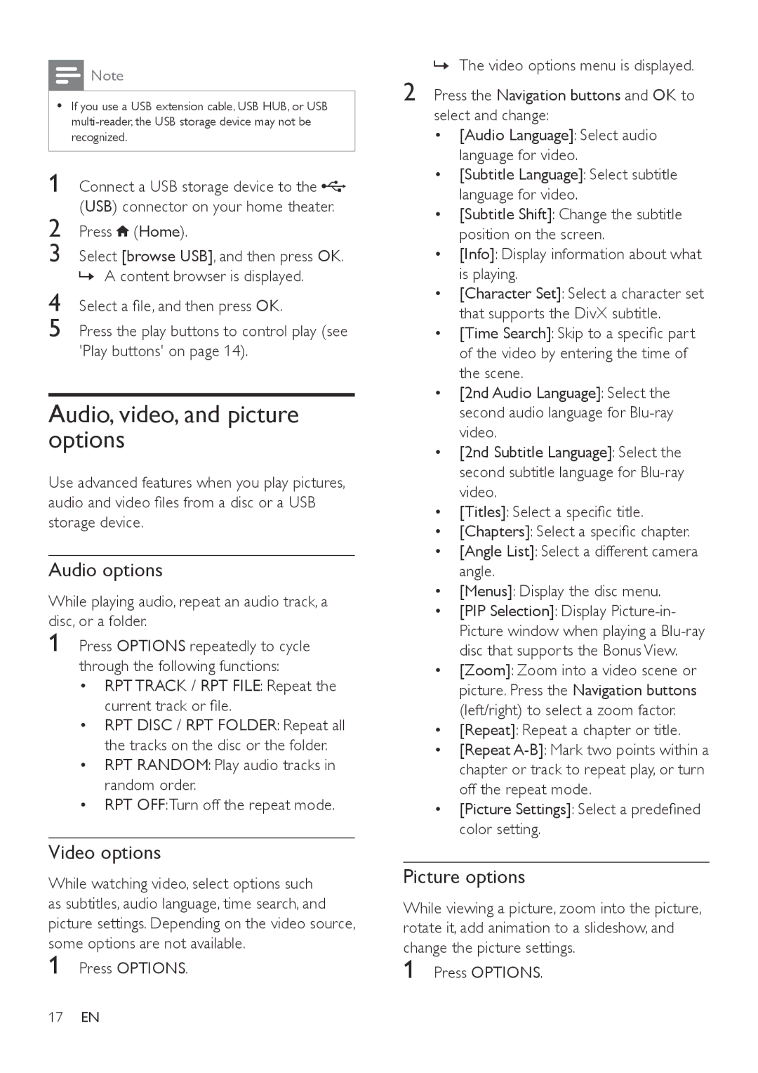 Philips HTB3560 user manual Audio, video, and picture options, Audio options, Video options, Picture options 