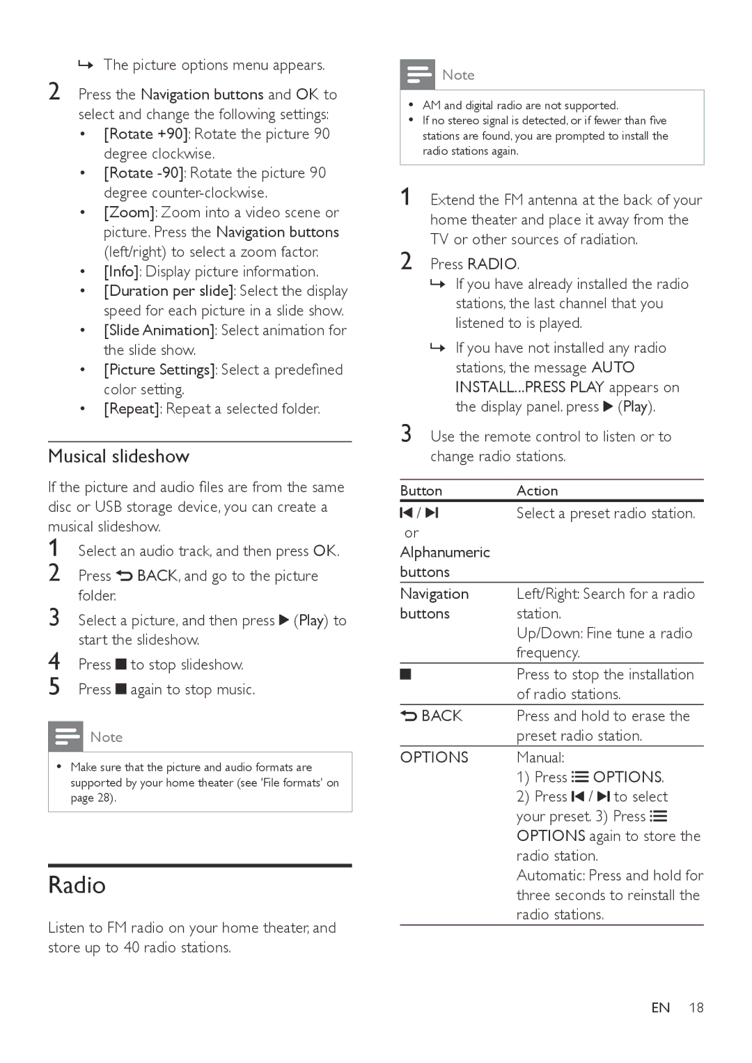 Philips HTB3560 user manual Radio, Musical slideshow 