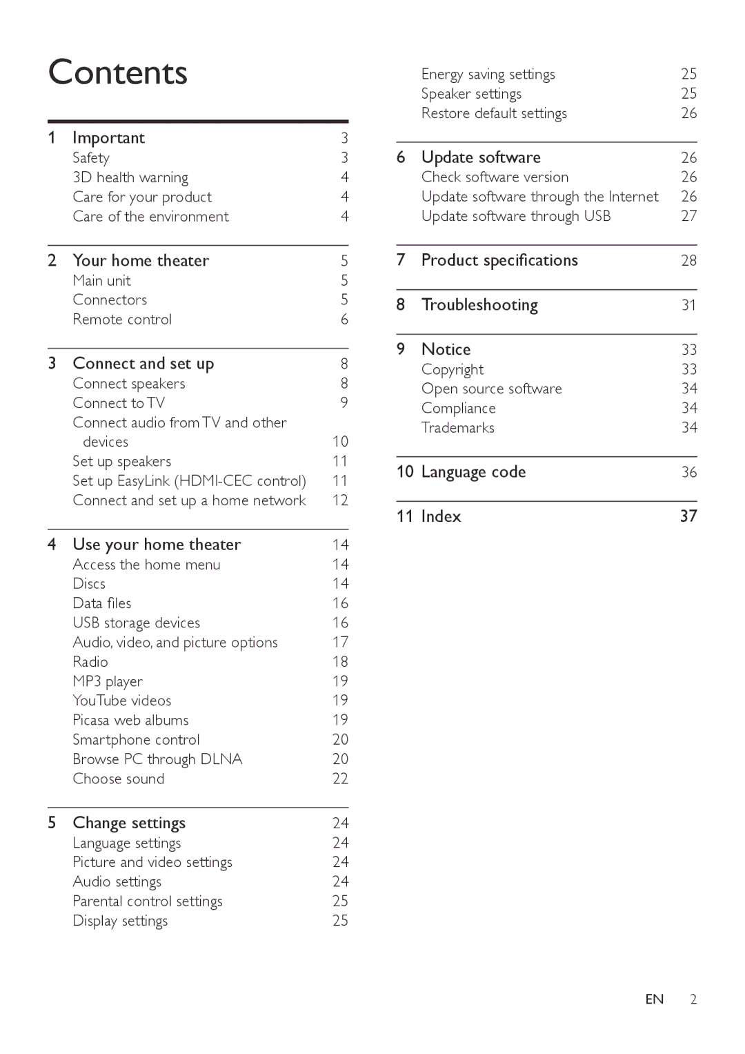 Philips HTB3560 user manual Contents 