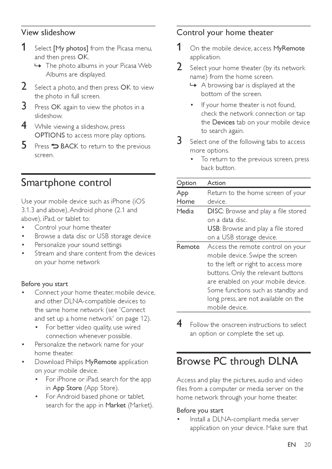 Philips HTB3560 user manual Smartphone control, Browse PC through Dlna, View slideshow, Control your home theater 