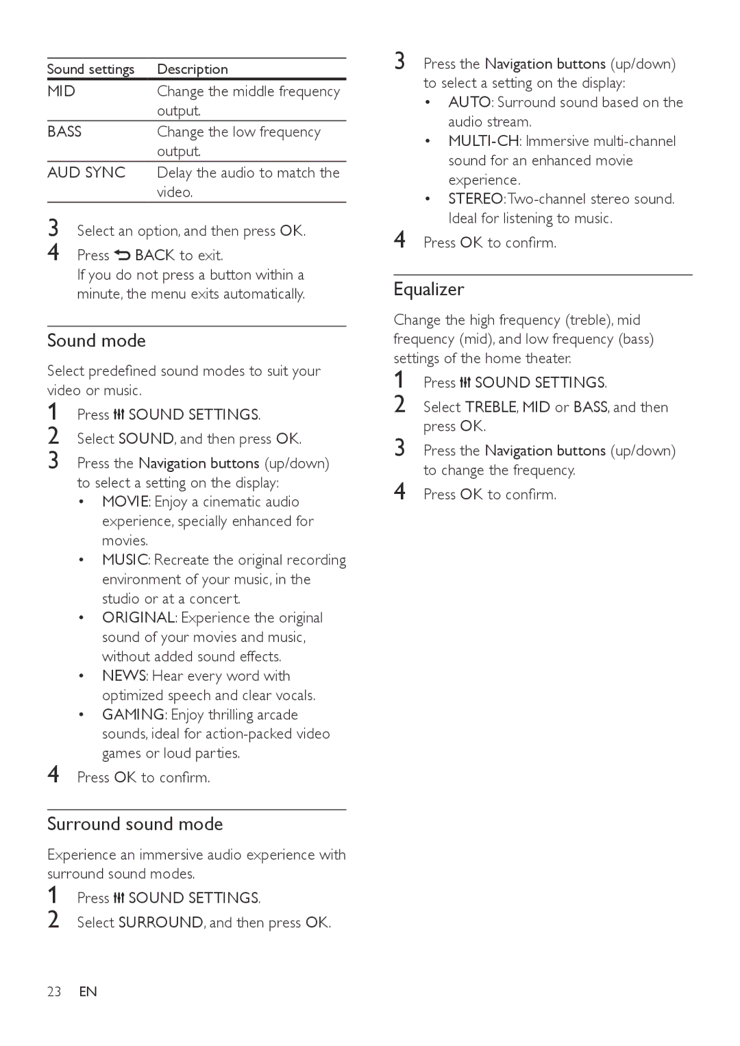 Philips HTB3560 user manual Sound mode, Surround sound mode, Equalizer 