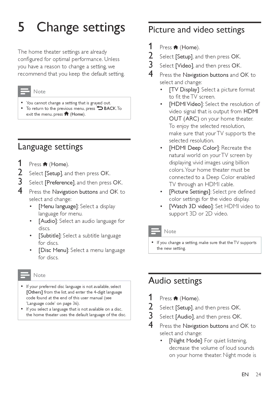 Philips HTB3560 user manual Change settings, Language settings, Picture and video settings, Audio settings 