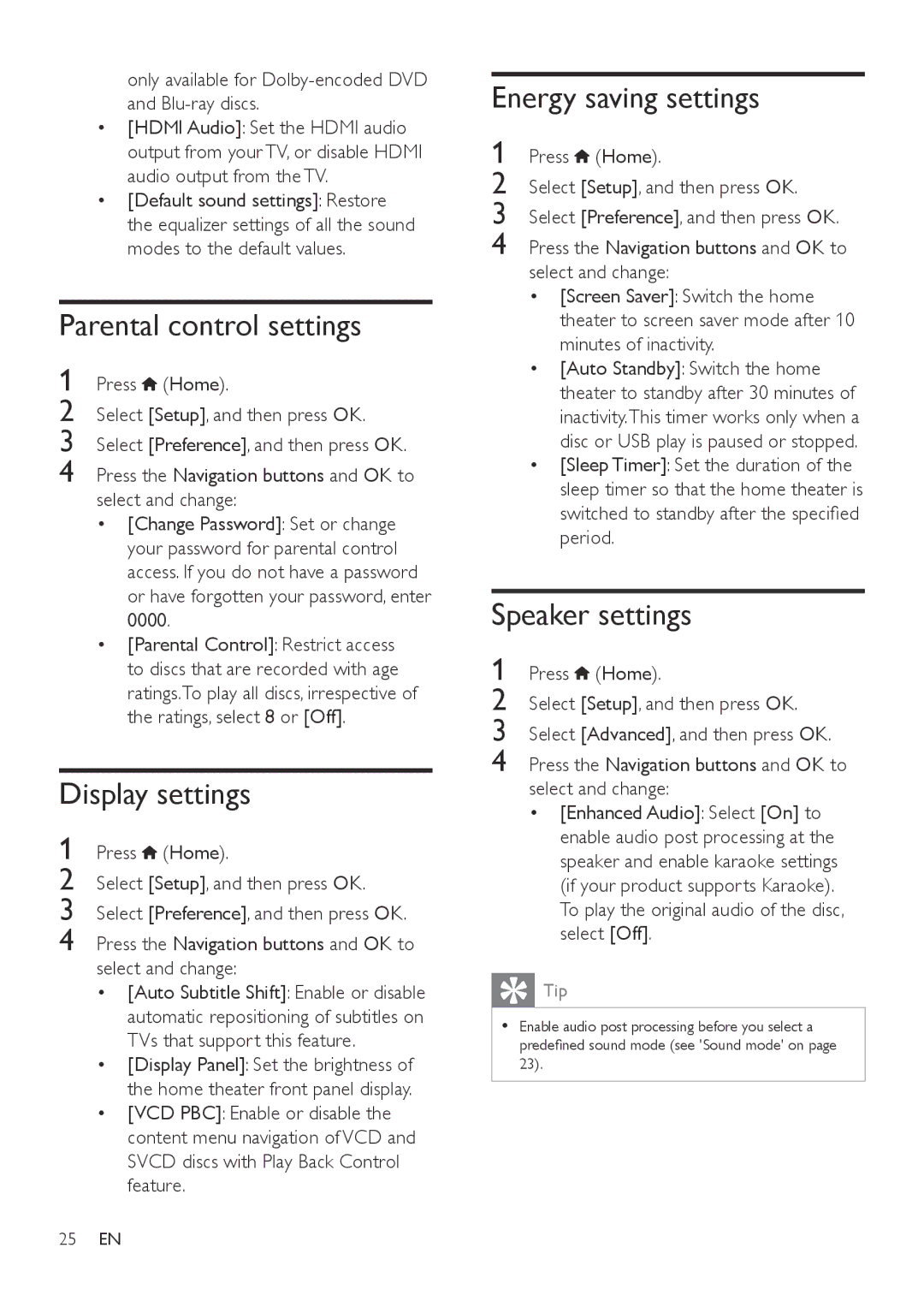 Philips HTB3560 user manual Parental control settings, Display settings, Energy saving settings, Speaker settings 