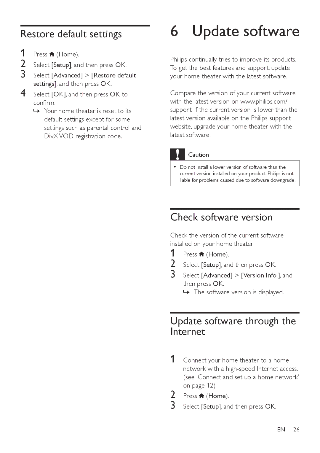 Philips HTB3560 user manual Restore default settings, Check software version, Update software through the Internet 