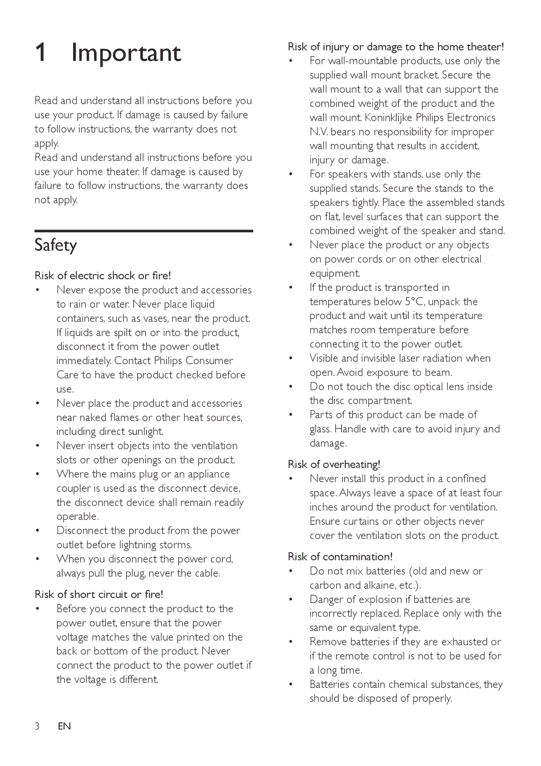 Philips HTB3560 user manual Safety, Risk of electric shock or fire 