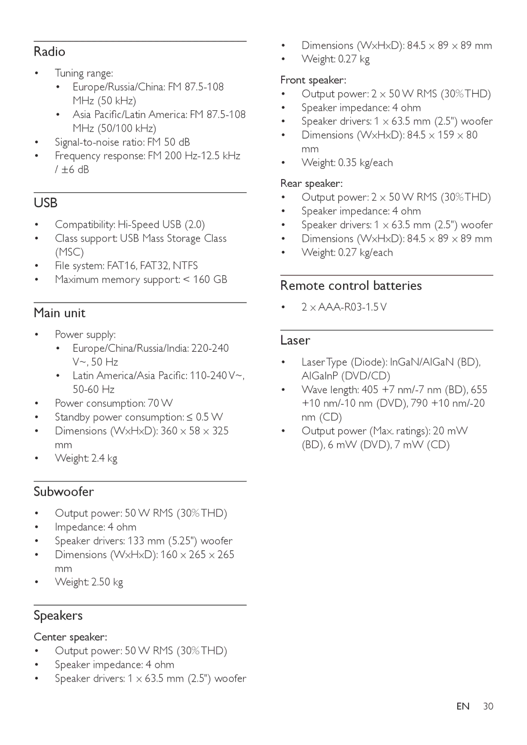 Philips HTB3560 user manual Radio, Main unit, Subwoofer, Speakers, Remote control batteries, Laser 