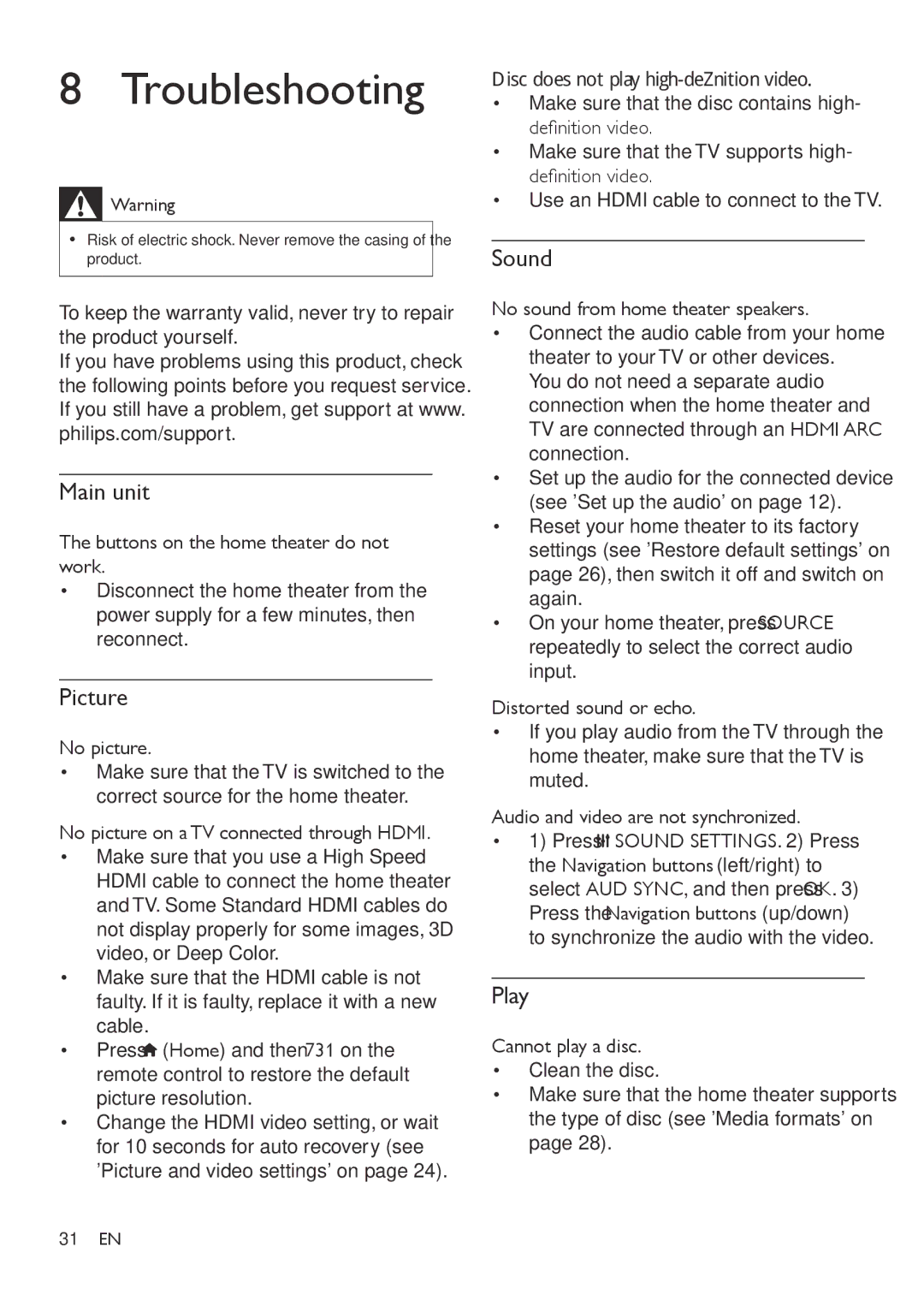 Philips HTB3560 user manual Troubleshooting, Picture, Sound, Play 