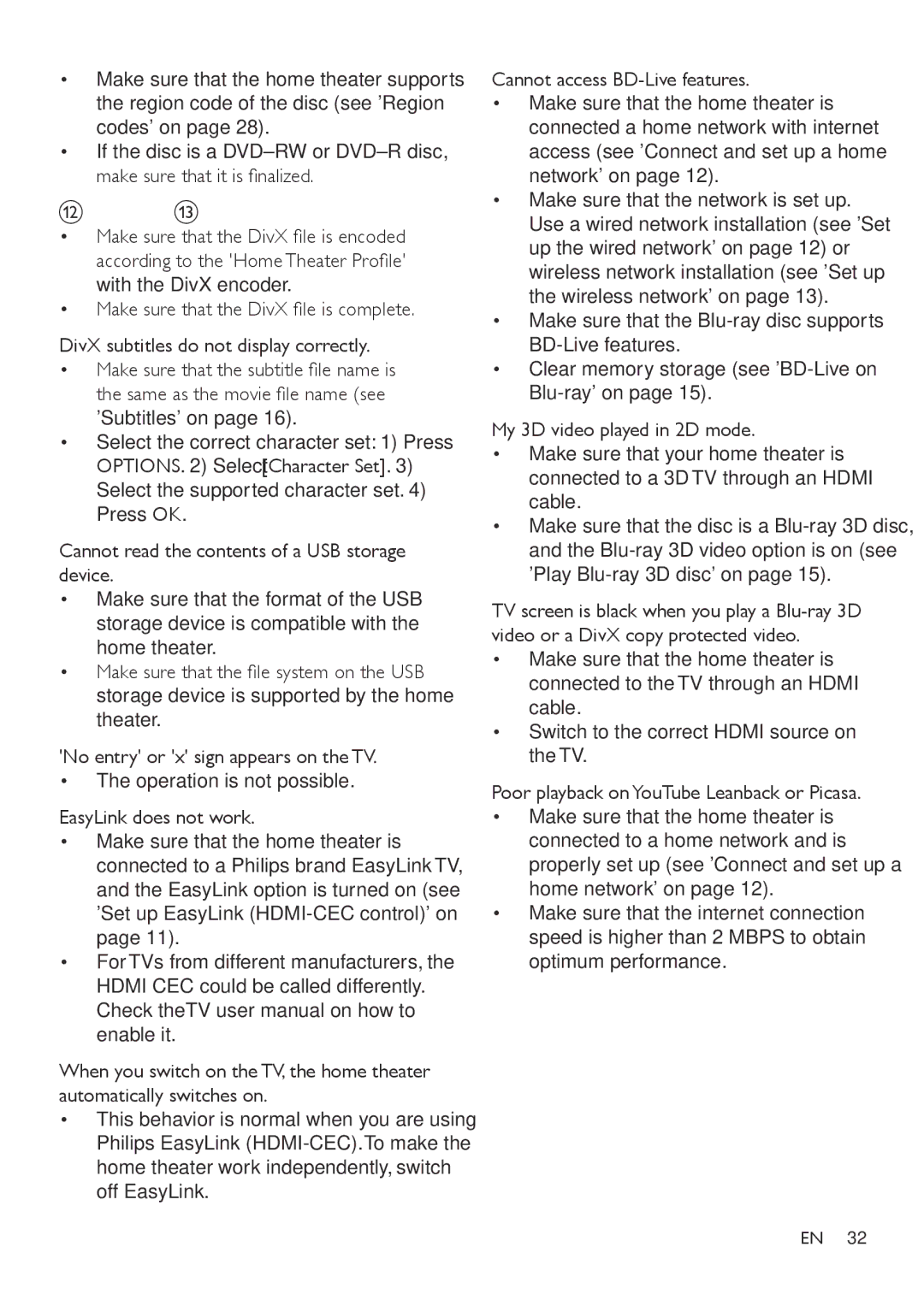 Philips HTB3560 user manual Subtitles on, Press OK Cannot read the contents of a USB storage device 