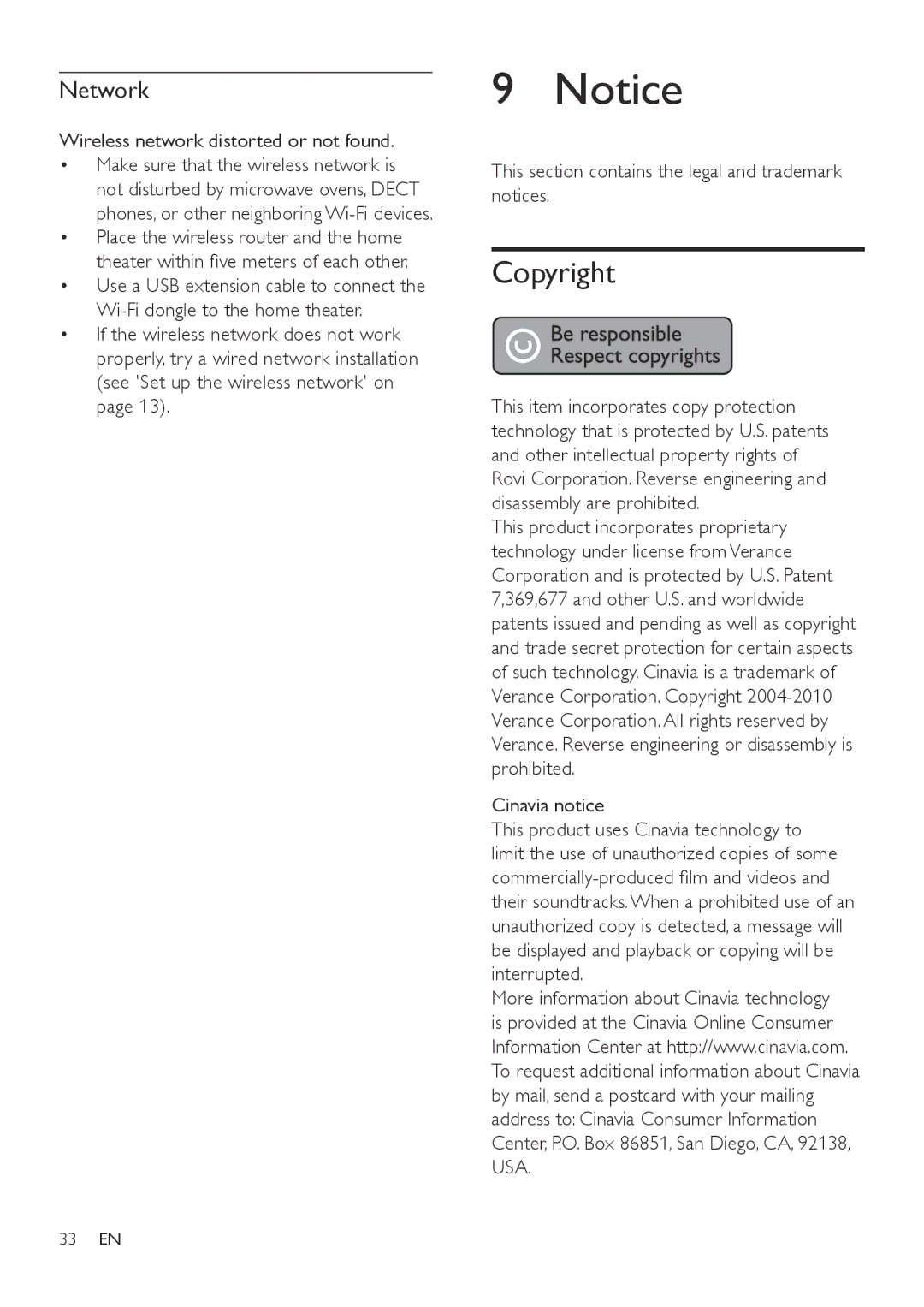 Philips HTB3560 user manual Copyright, Network, Wireless network distorted or not found, Cinavia notice 