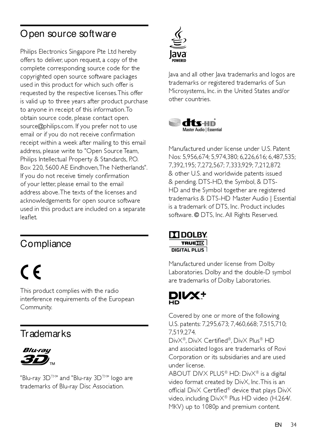 Philips HTB3560 user manual Open source software, Compliance, Trademarks, Other U.S. and worldwide patents issued 