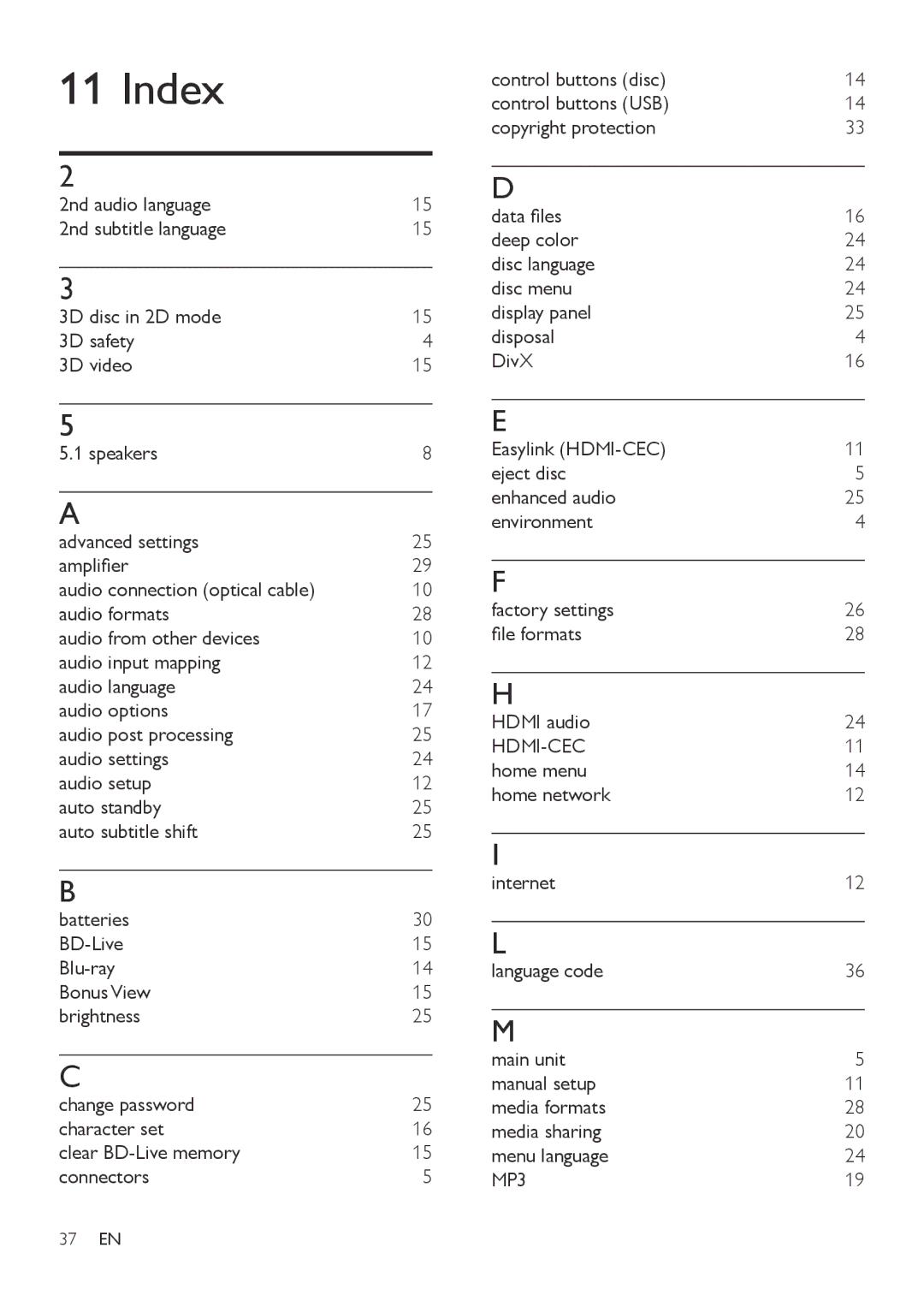 Philips HTB3560 user manual Index, Hdmi-Cec 