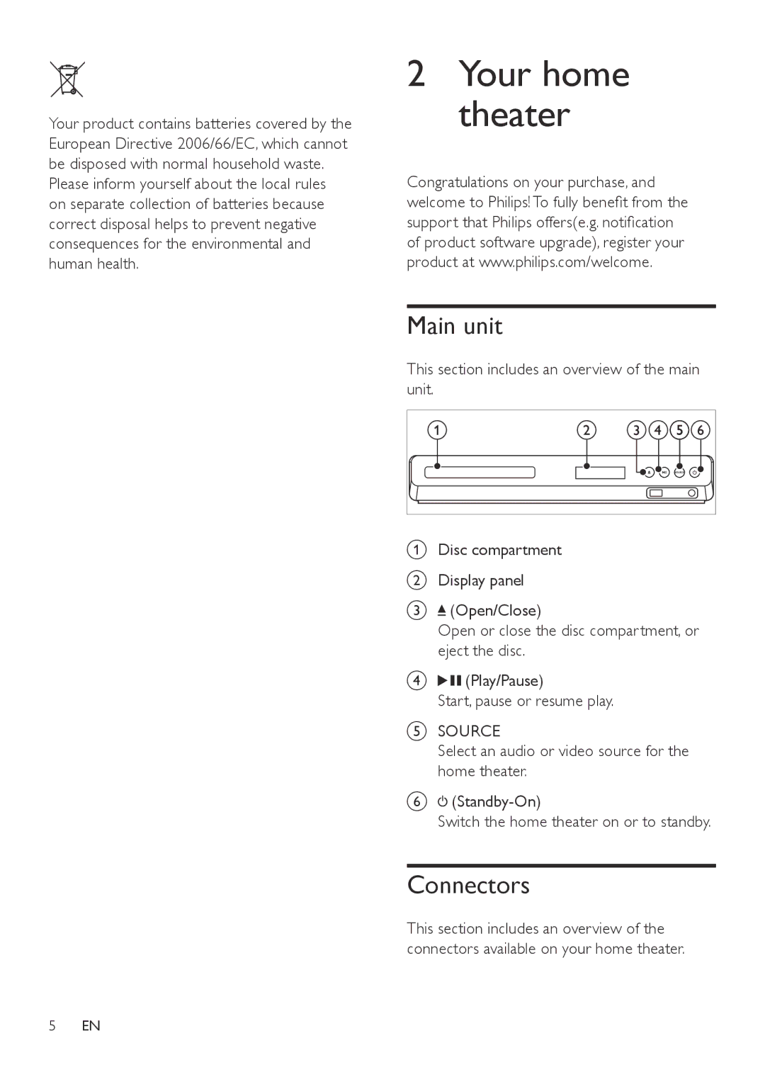 Philips HTB3560 user manual Main unit, Connectors, Source 